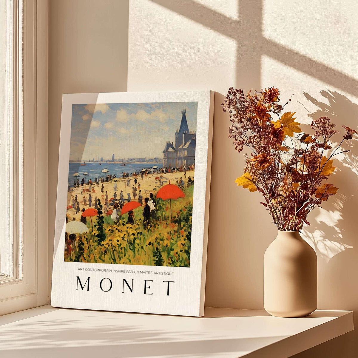 Claude Monet Art Print - Sunny Beach Resort with Flowers Poster on a windowsill with a vase of flowers.