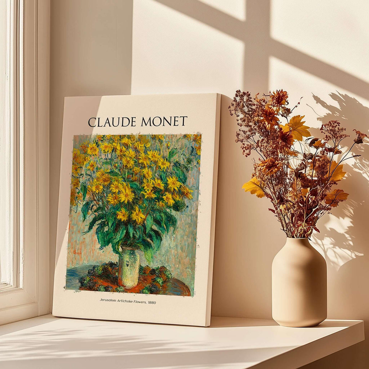 Monet Jerusalem Artichoke Flowers Still Life Floral Art Print Poster displayed in a sunlit room with a vase.