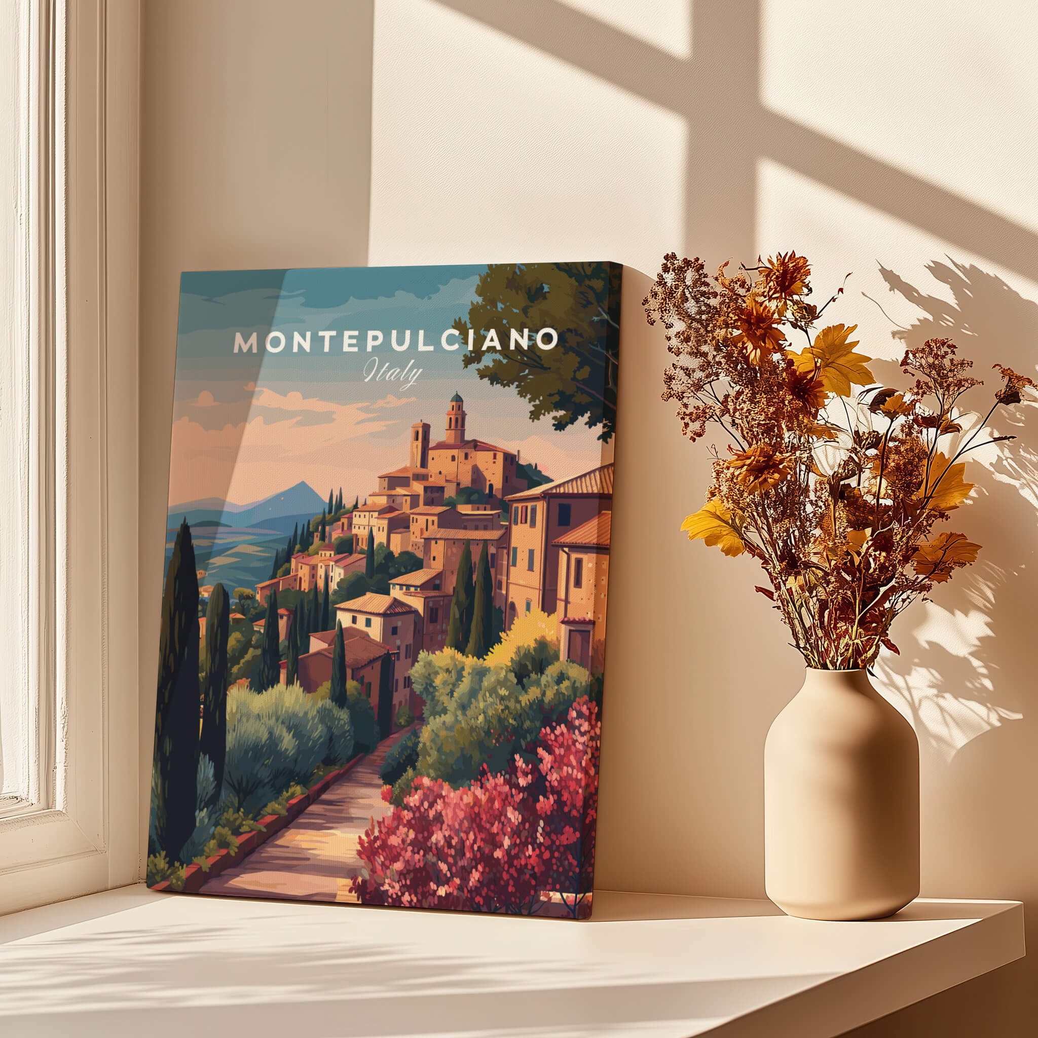 Montepulciano Italy Travel Poster | Tuscan Sunset Wall Art Print displayed near beautiful flowers in a vase.