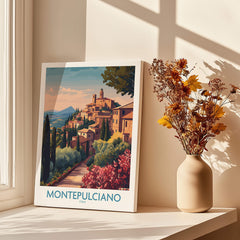 Montepulciano Italy Canvas Print | Italian Sunset Landscape Poster in a cozy setting with flowers.