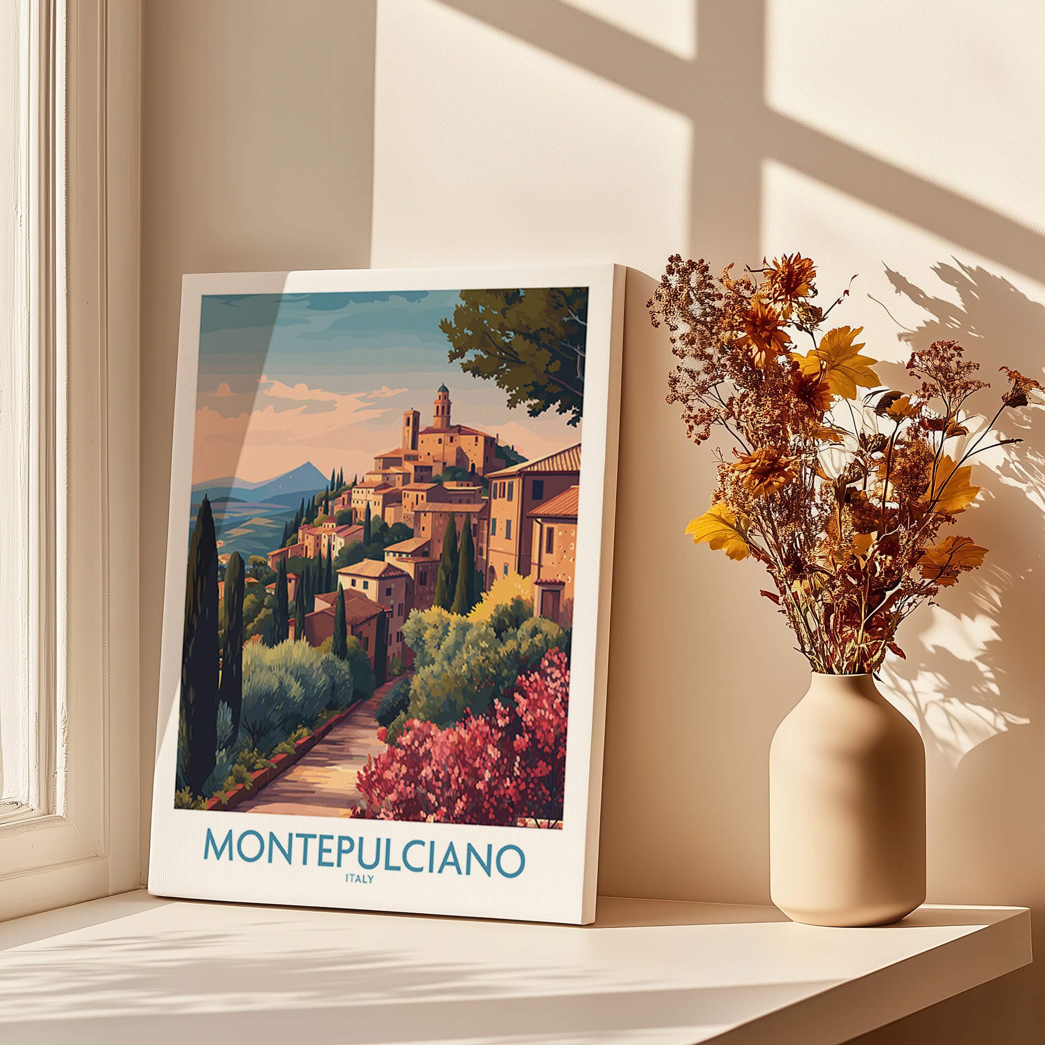 Montepulciano Italy Canvas Print | Italian Sunset Landscape Poster in a cozy setting with flowers.