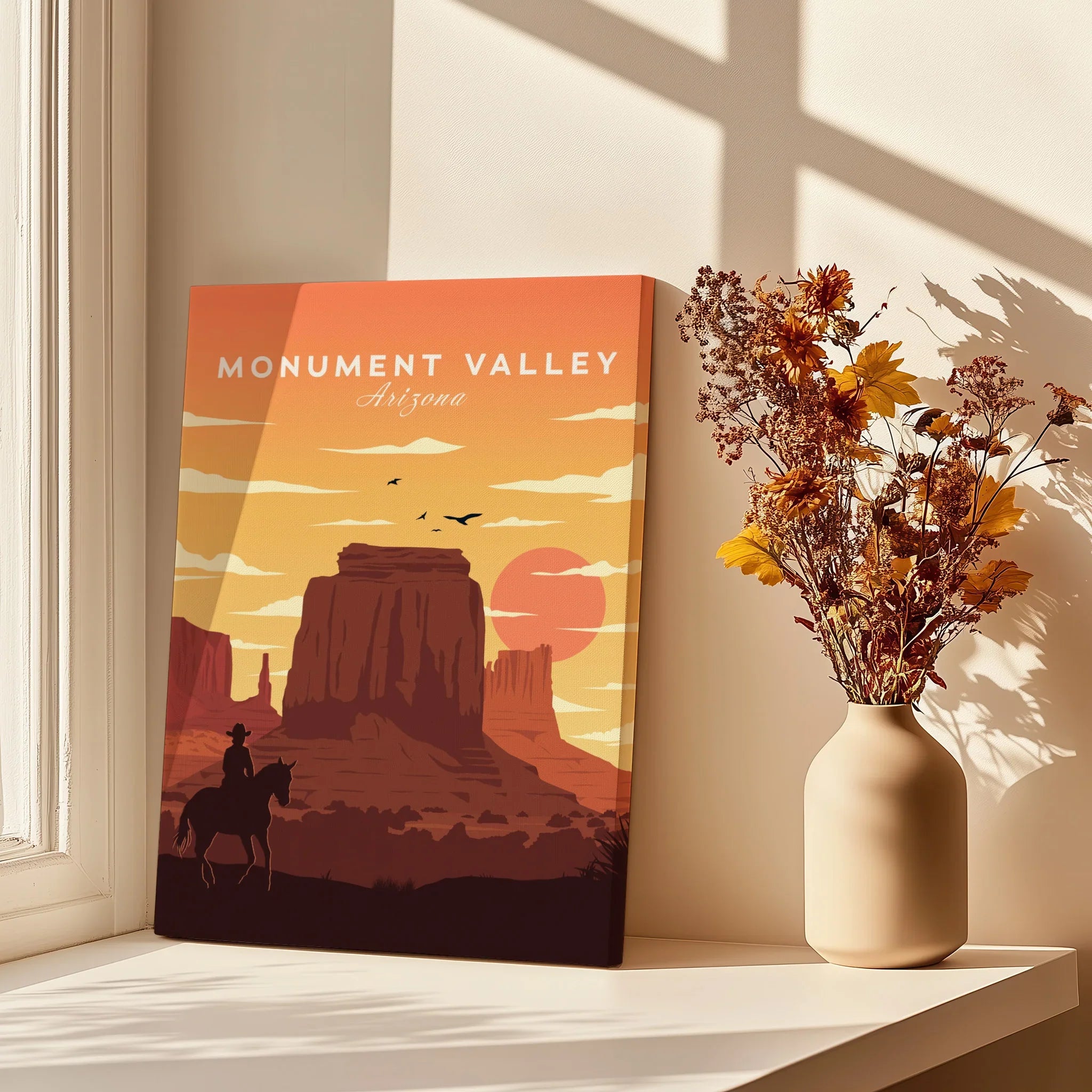 Monument Valley Arizona canvas art print by window with shadows and dried flowers in vase
