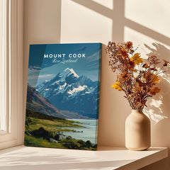 Mount Cook New Zealand Wall Art Print | Aoraki National Park Travel Poster displayed in a cozy interior setting.