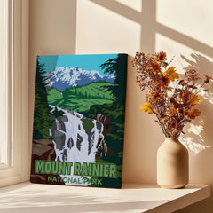 Mount Rainier National Park canvas print with waterfall art by sunlit window and vase of dried flowers