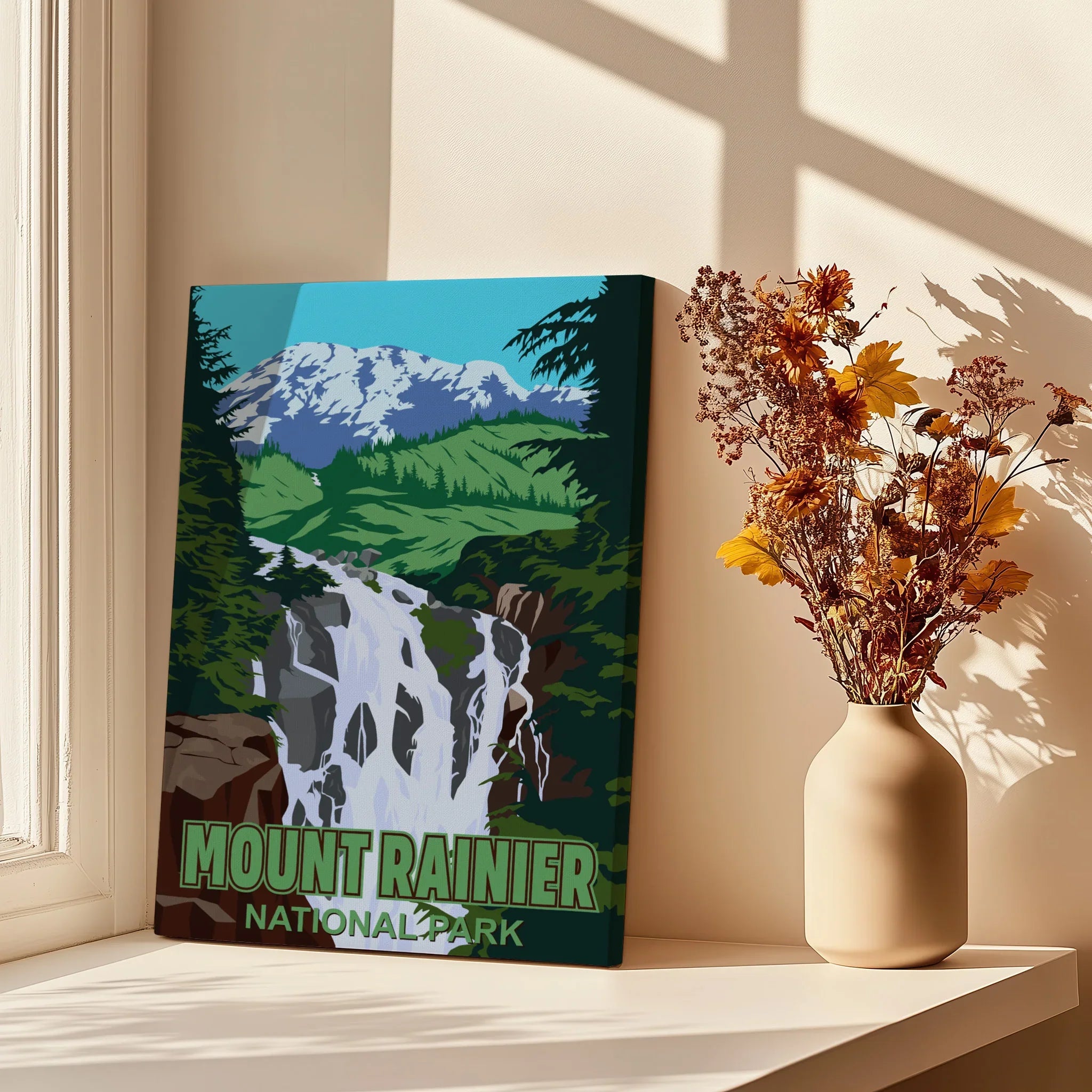 Mount Rainier National Park canvas print with waterfall art by sunlit window and vase of dried flowers