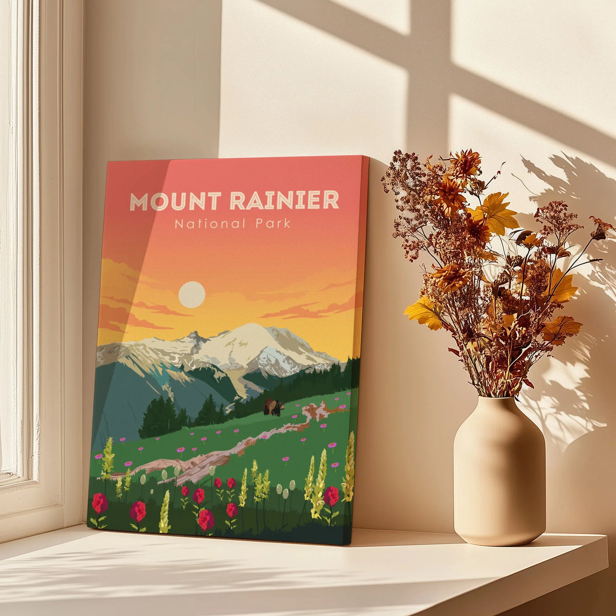 Mount Rainier National Park canvas print with sunset landscape beside a vase of dried flowers