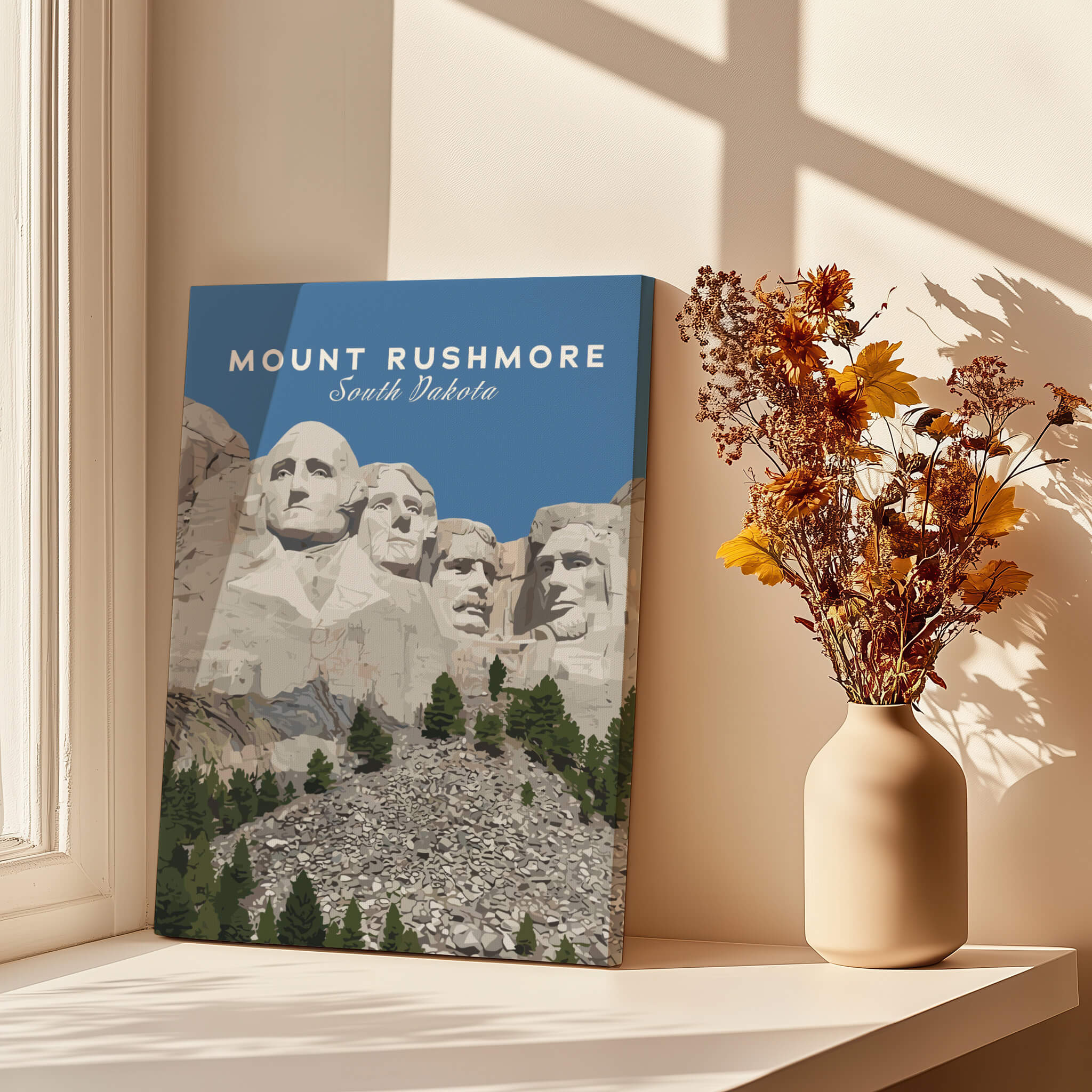 Mount Rushmore Print | National Memorial Wall Art showcasing the iconic South Dakota monument in a bright living room setting.