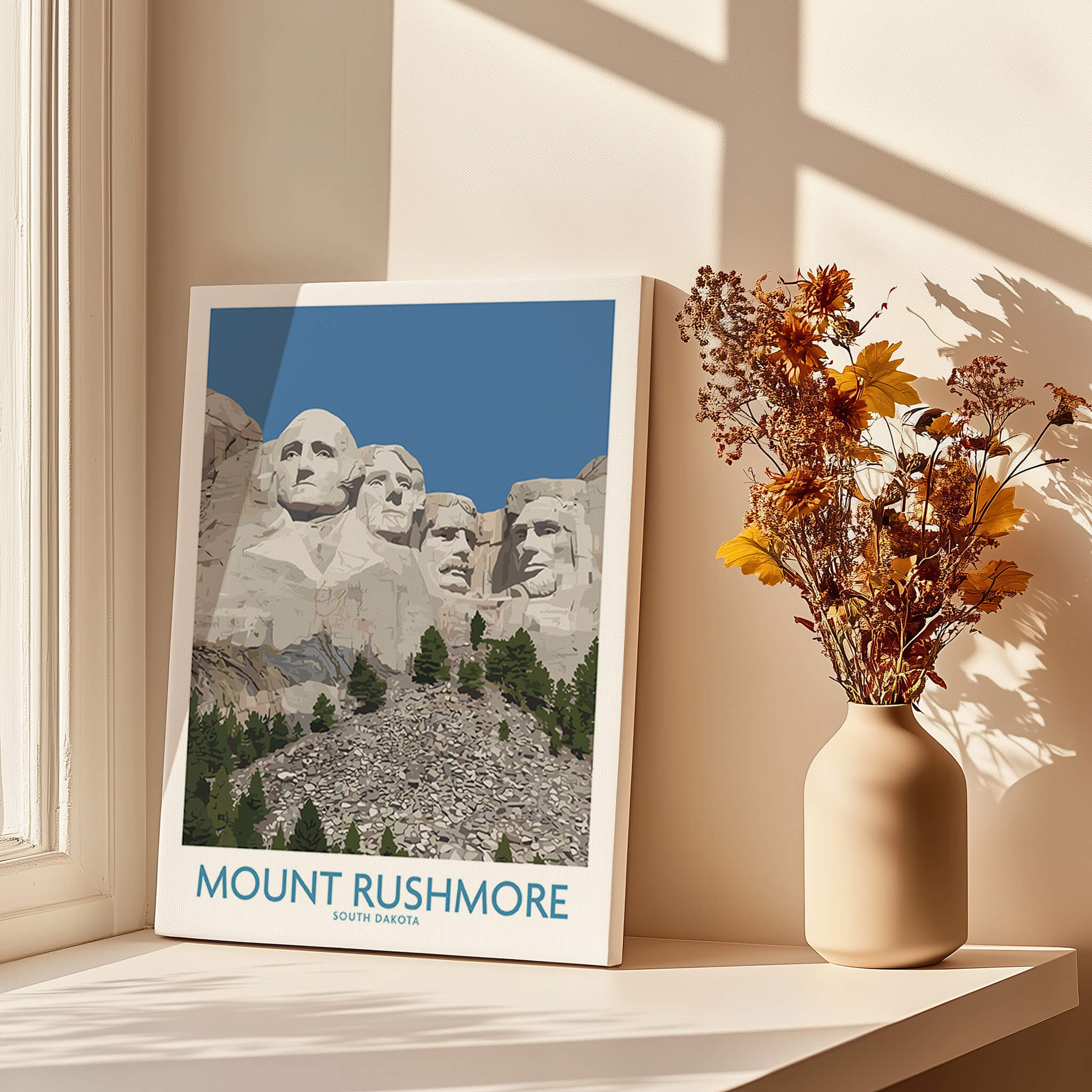 Mount Rushmore Poster | Black Hills National Memorial Canvas Print South Dakota displayed on a windowsill.
