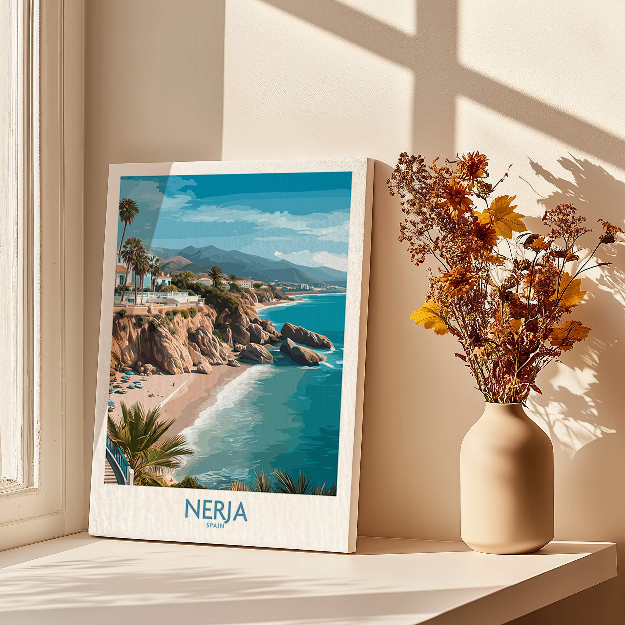 Nerja Spain Poster | Mediterranean Beach Landscape Canvas Print displayed in bright interior setting.