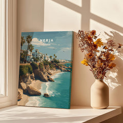 Nerja Spain Wall Art Print | Mediterranean Travel Poster showcasing coastal cliffs and serene waters.
