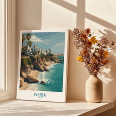 Nerja Spain Poster | Spanish Village Canvas Print featuring coastal views and vibrant architecture.