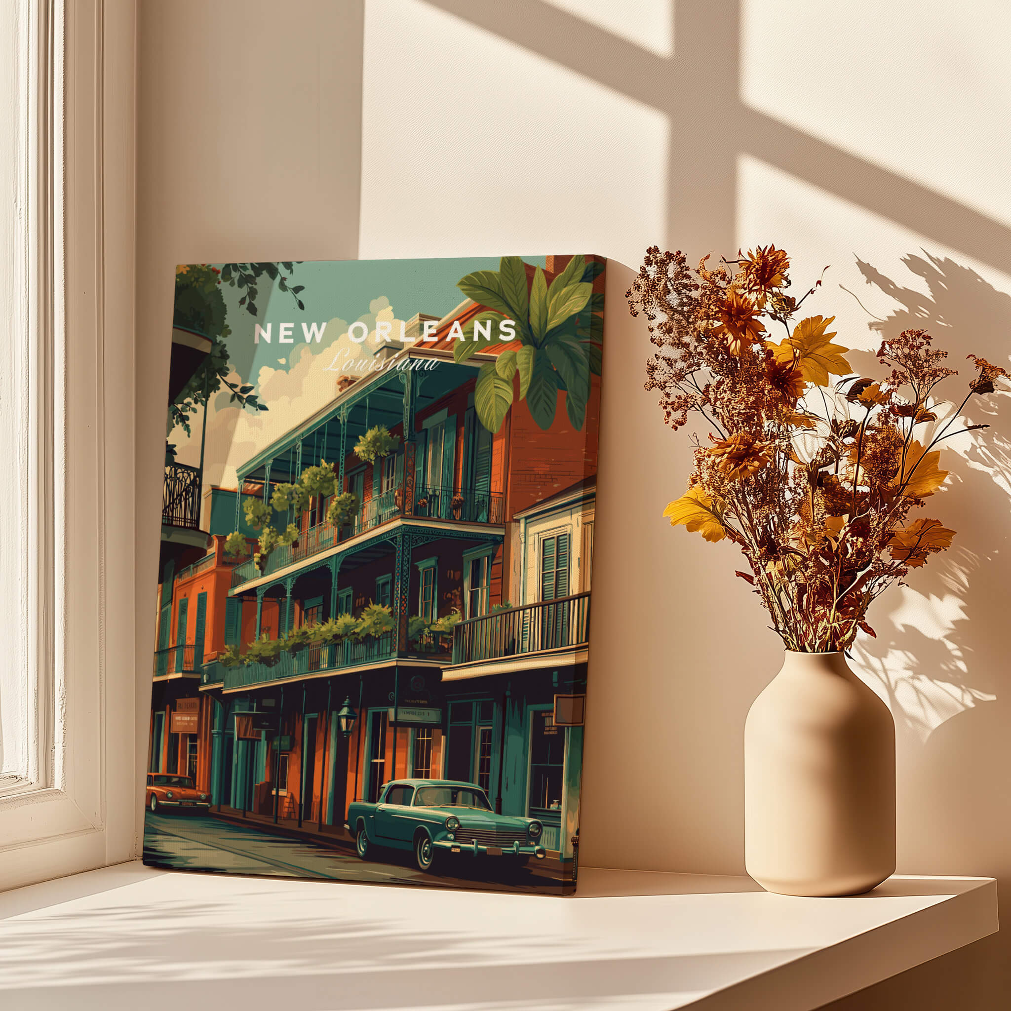 New Orleans Wall Art Print | French Quarter Balcony Travel Poster displayed near a vase of dried flowers.