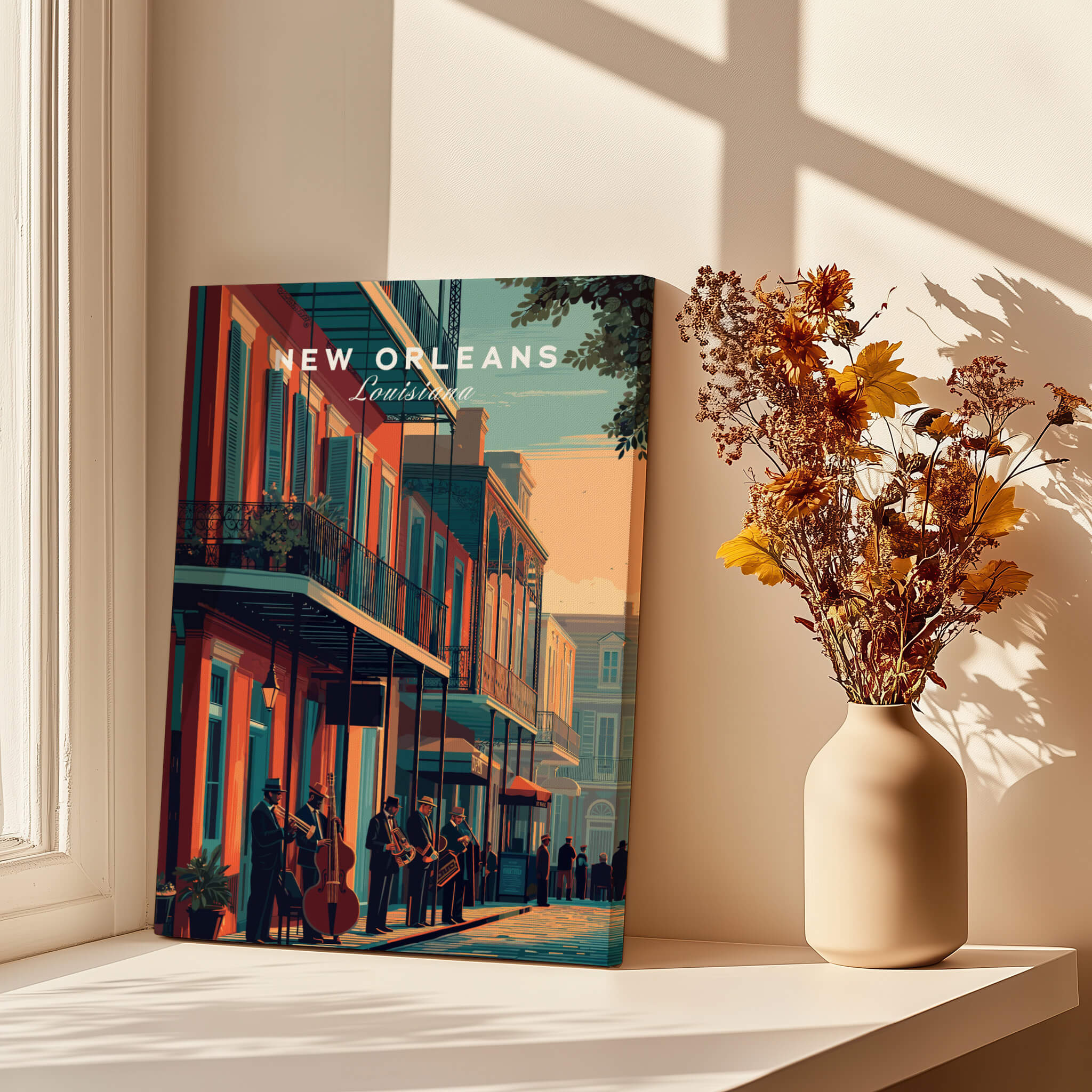 New Orleans Poster | Jazz Band Street Scene Wall Art Print displayed on a windowsill with flowers.