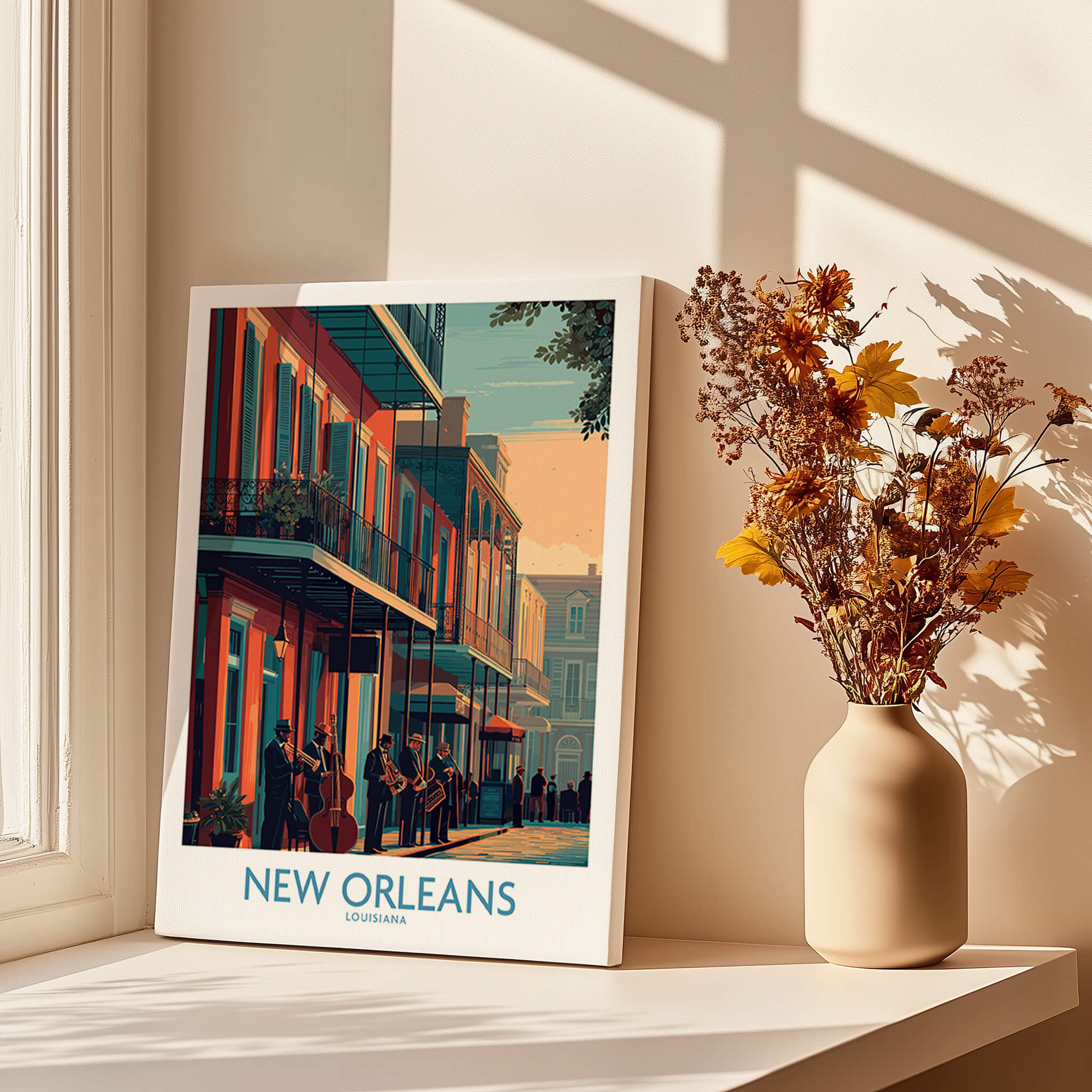 New Orleans Canvas Print | Musical Heritage Cityscape Poster displayed by a vase of flowers in a sunlit window.