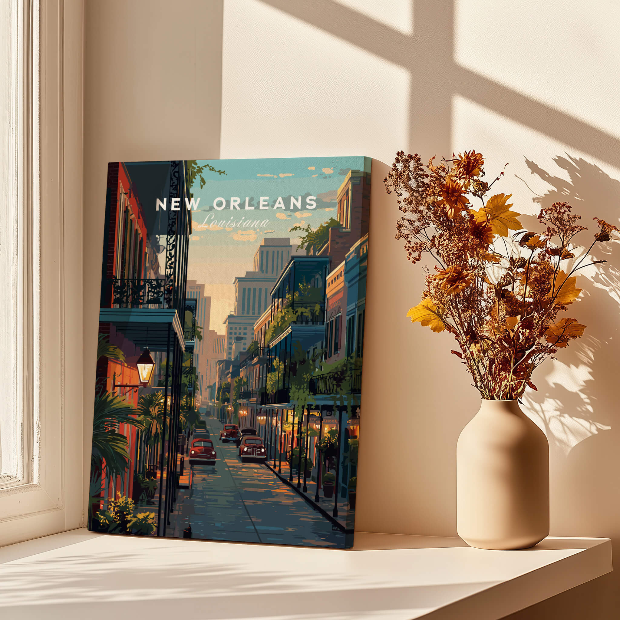 New Orleans Wall Art Print | Historic French Quarter Travel Poster showcasing vibrant street scene and architecture.