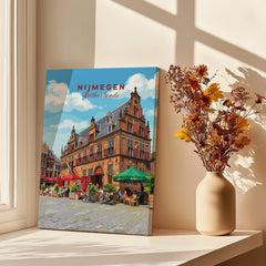 Nijmegen Netherlands travel poster canvas print on a sunlit windowsill with vase of dried flowers