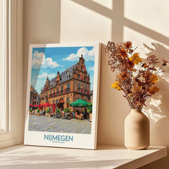 Nijmegen Netherlands travel poster canvas print on windowsill with vase of dried flowers