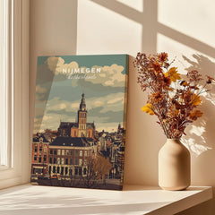 Nijmegen Netherlands cityscape canvas print by window with shadows and vase of dried flowers