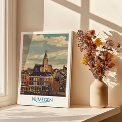 Nijmegen Netherlands travel poster canvas print beside vase with dried flowers on windowsill