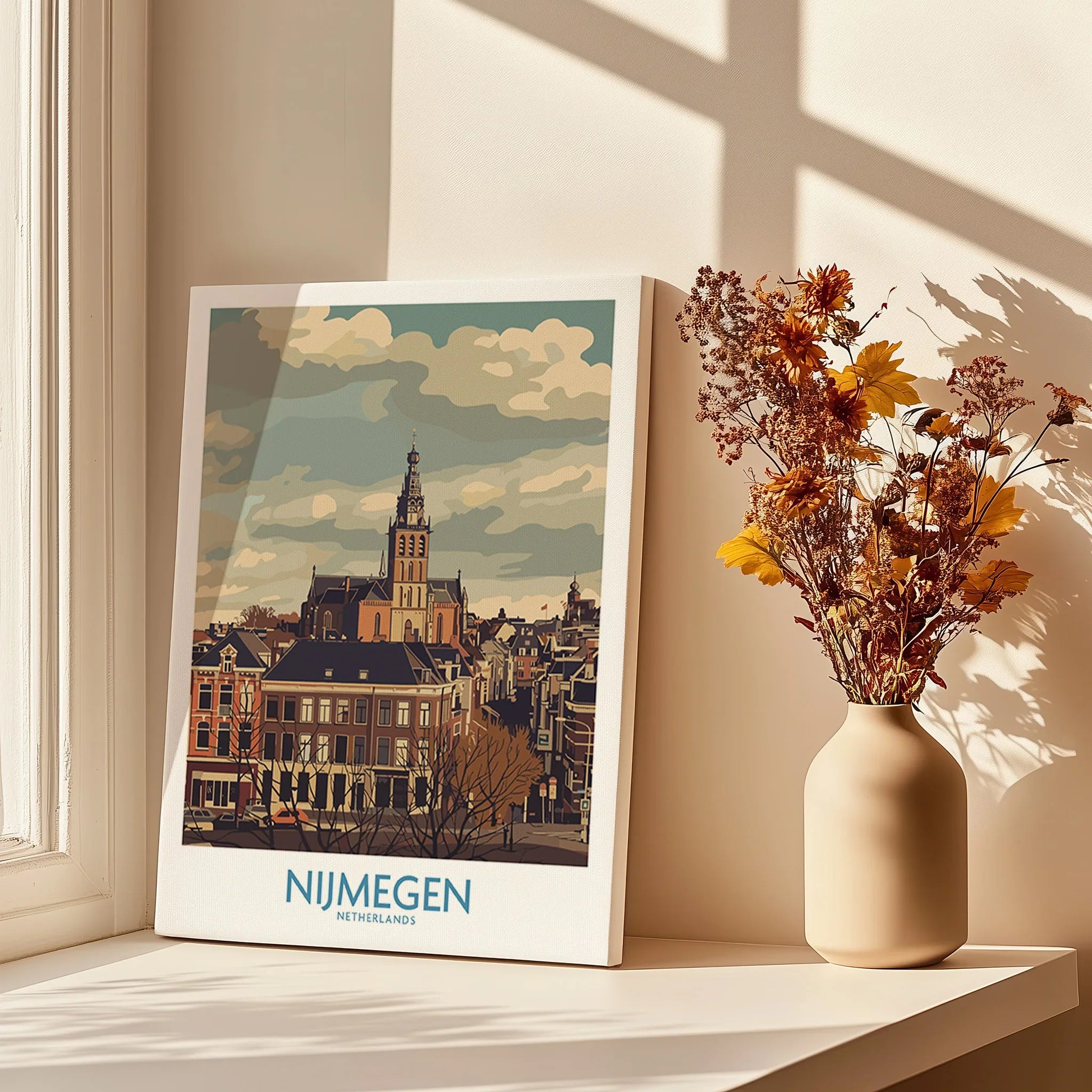 Nijmegen Netherlands travel poster canvas print beside vase with dried flowers on windowsill