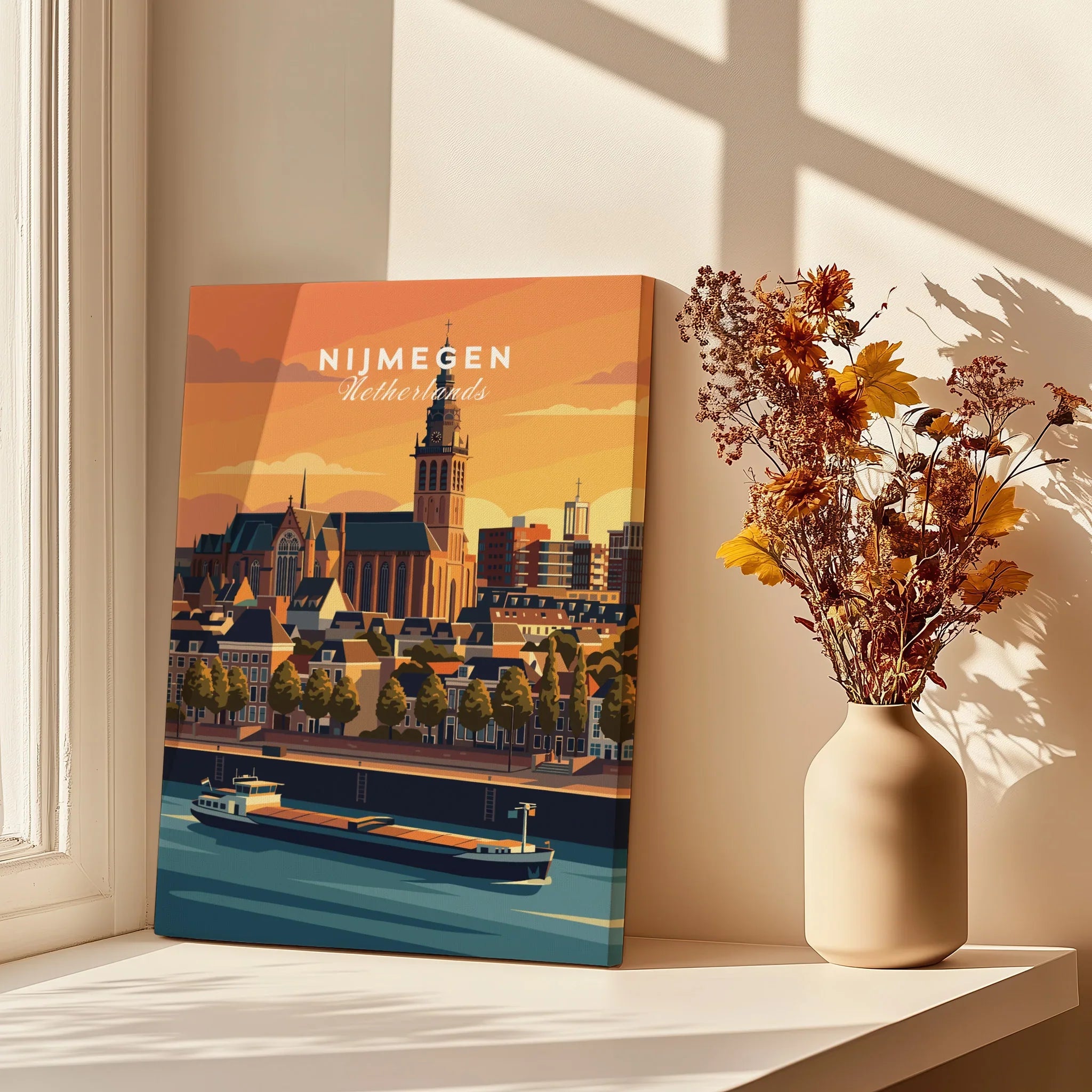 Nijmegen Netherlands travel print with cityscape, displayed on windowsill with dried flowers