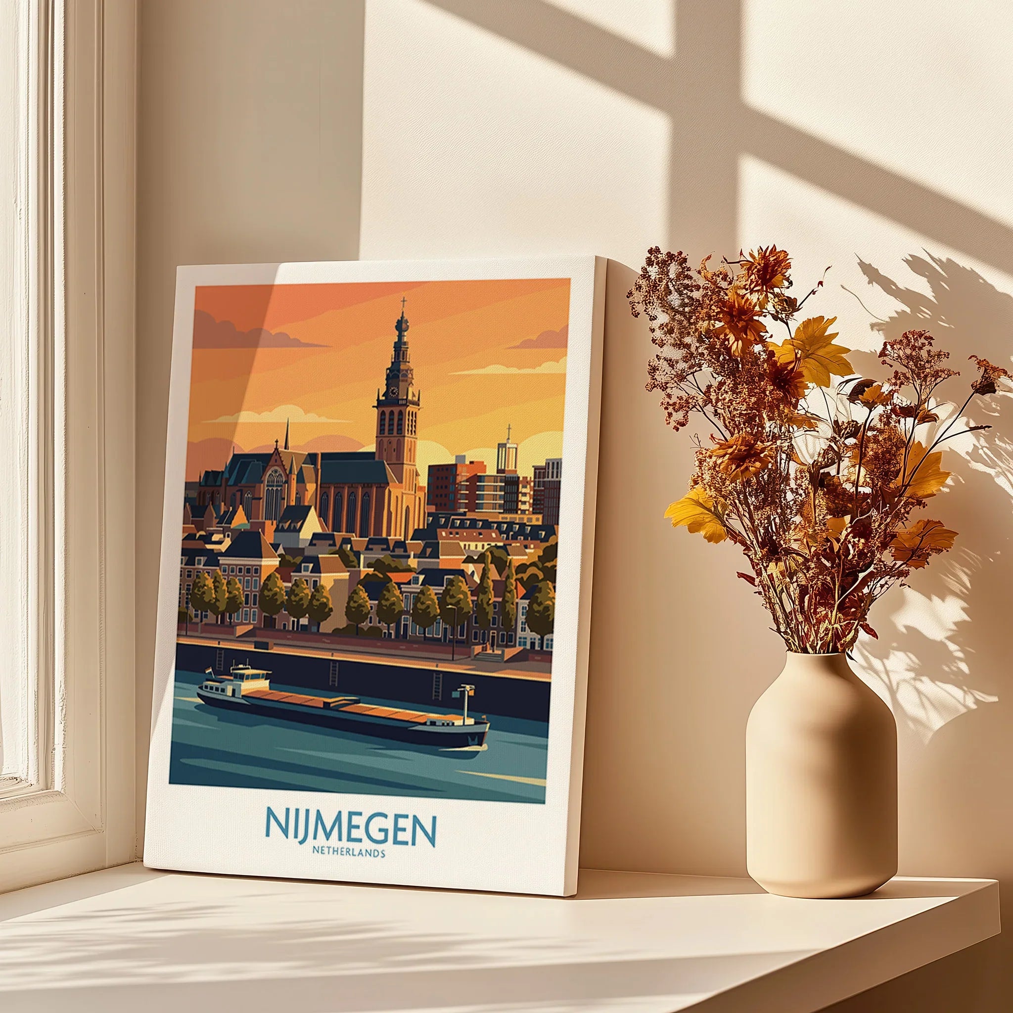 Nijmegen Netherlands cityscape wall art canvas on windowsill with vase of dried flowers