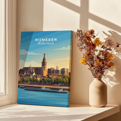Nijmegen Netherlands travel poster canvas print by window with vase of dried flowers