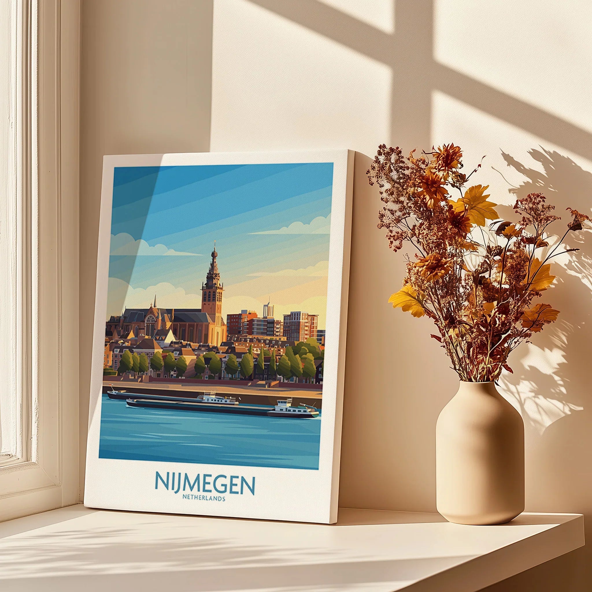 Nijmegen Netherlands cityscape art print on windowsill with shadows and vase of dried flowers