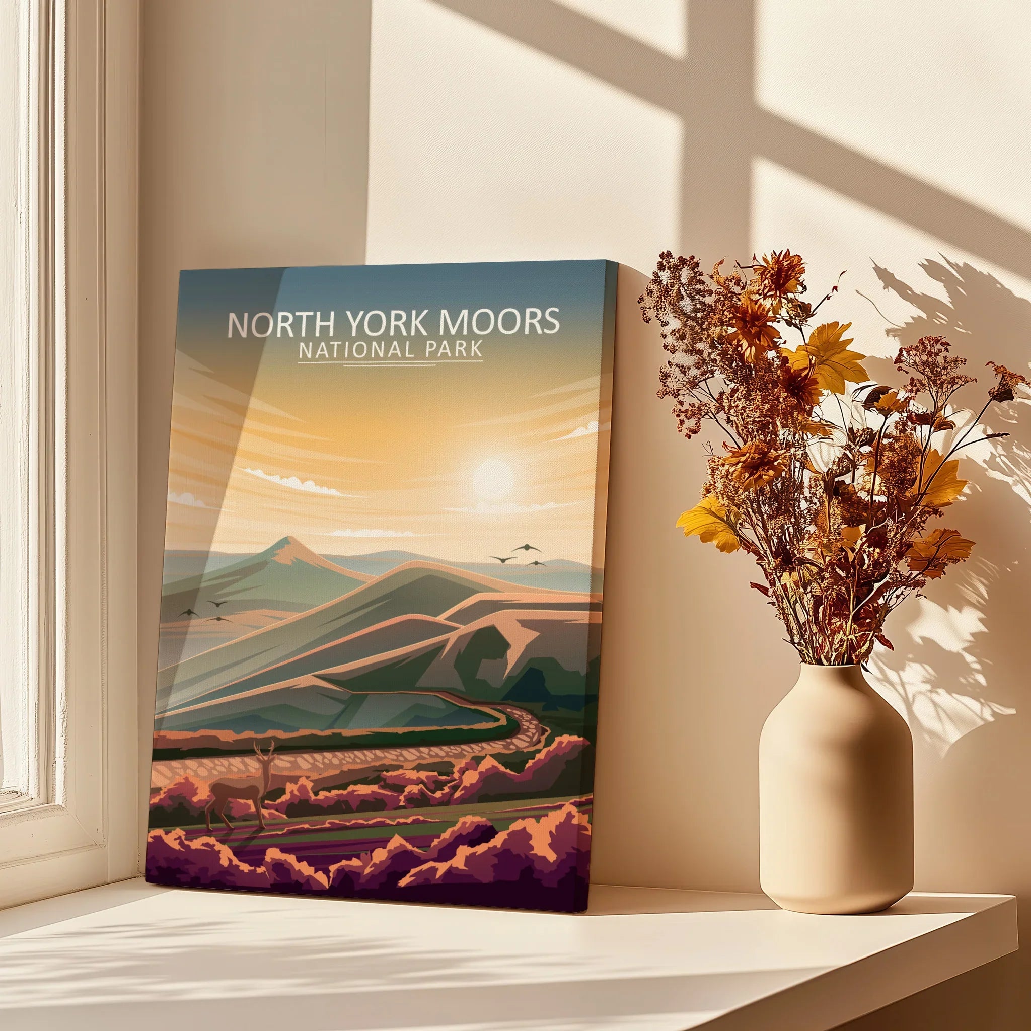 North York Moors National Park wall art print on a sunny windowsill with dried flowers in vase