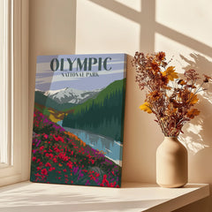 Olympic National Park canvas print with colorful landscape art on a window sill beside dried flowers.