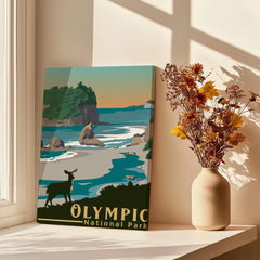 Olympic National Park poster with coastal landscape beside dried flowers on a sunlit windowsill