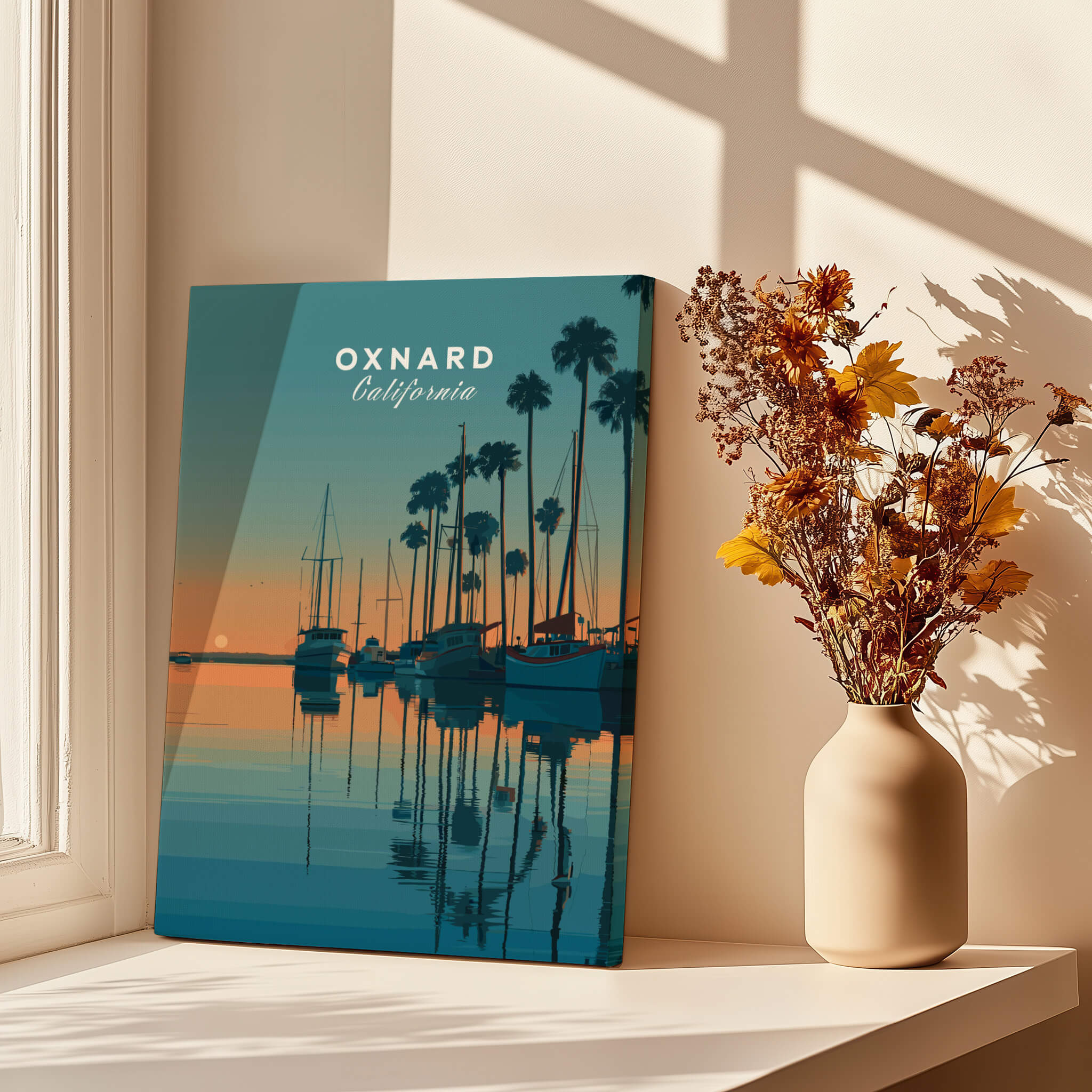 Oxnard California Wall Art Print | Sunset Harbor & Sailboats Travel Poster featuring a serene harbor at sunset