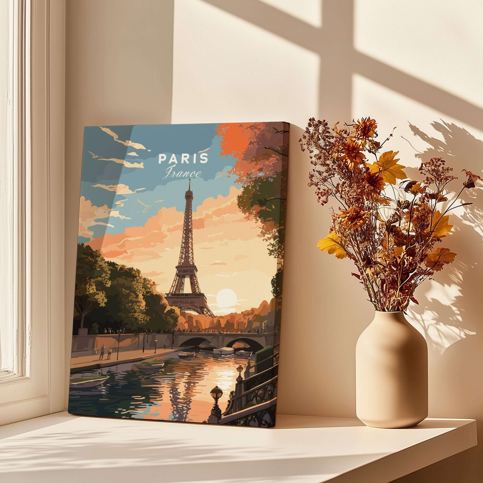 Paris Print featuring the Eiffel Tower and sunset, ideal for capturing memories of France.