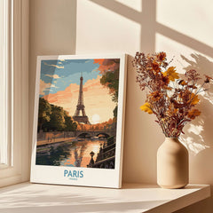 Paris Art Print featuring the Eiffel Tower with vibrant sunset in a cozy home setting.