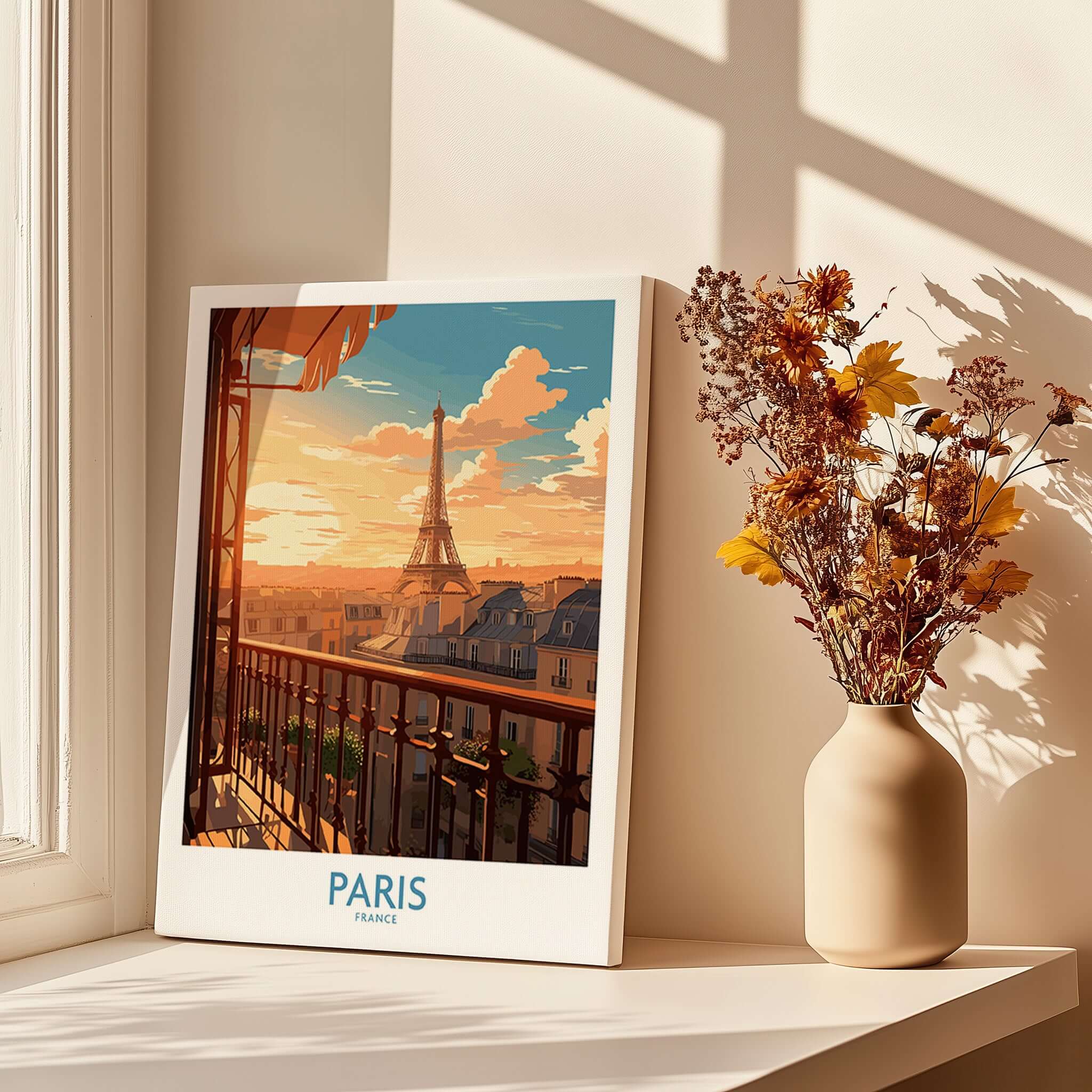Paris Wall Art | Modern Style Eiffel Tower poster with sunset view in a stylish interior setting.