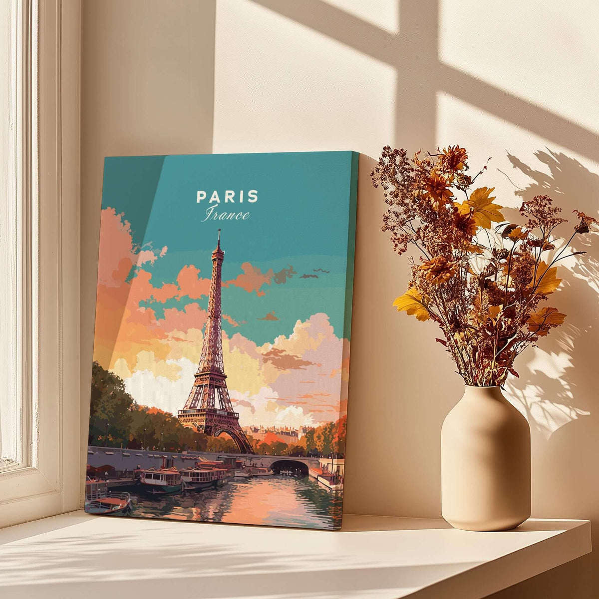 Paris Poster - Eiffel Tower art print displayed near a vase with flowers in a sunlit room.