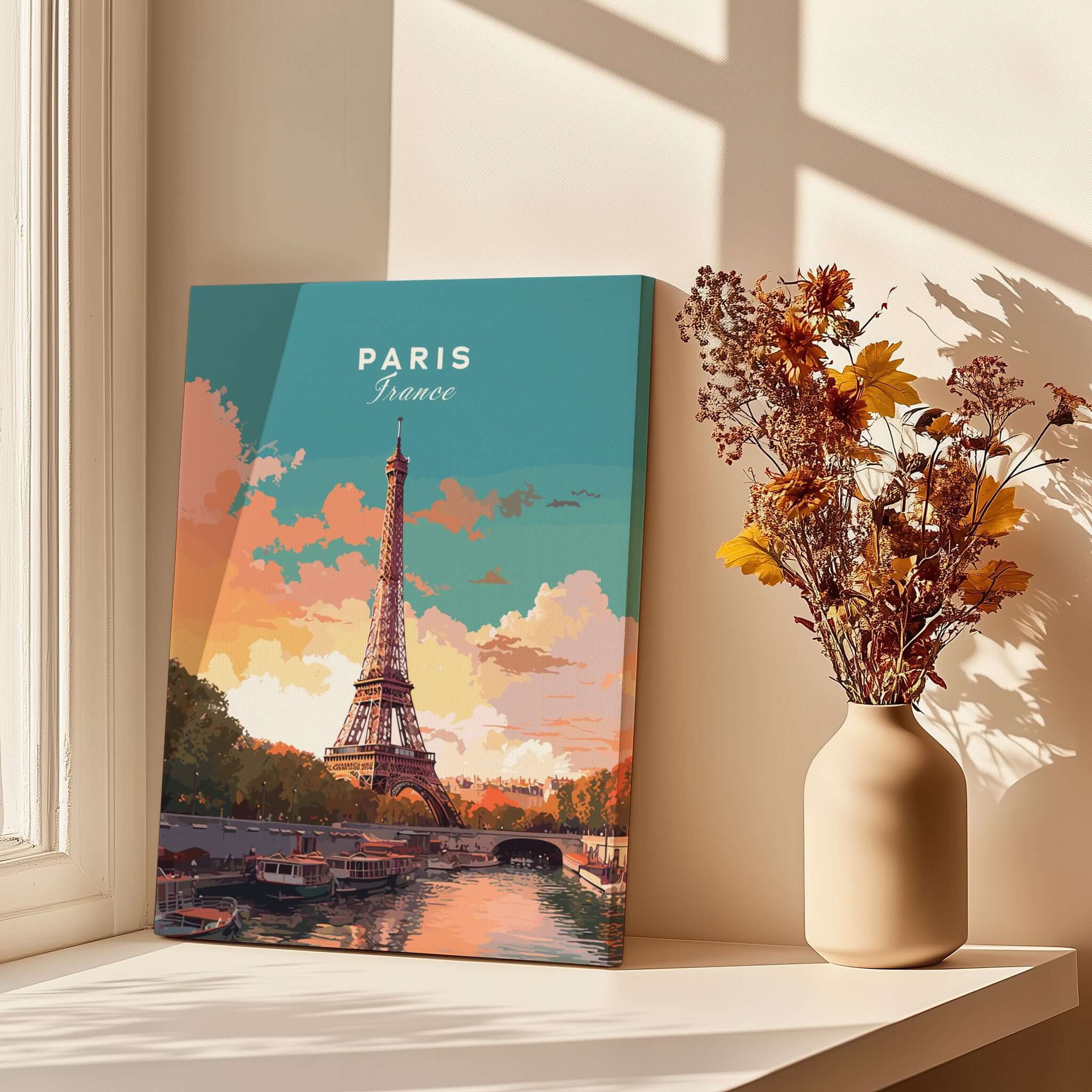 Paris Poster - Eiffel Tower art print displayed near a vase with flowers in a sunlit room.
