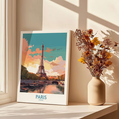Paris Wall Art - Eiffel Tower framed print showcasing the stunning Eiffel Tower against a colorful sky.