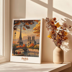 Paris France Autumn Seine River Art Print | Eiffel Tower and Notre Dame Poster on a windowsill with autumn decor.