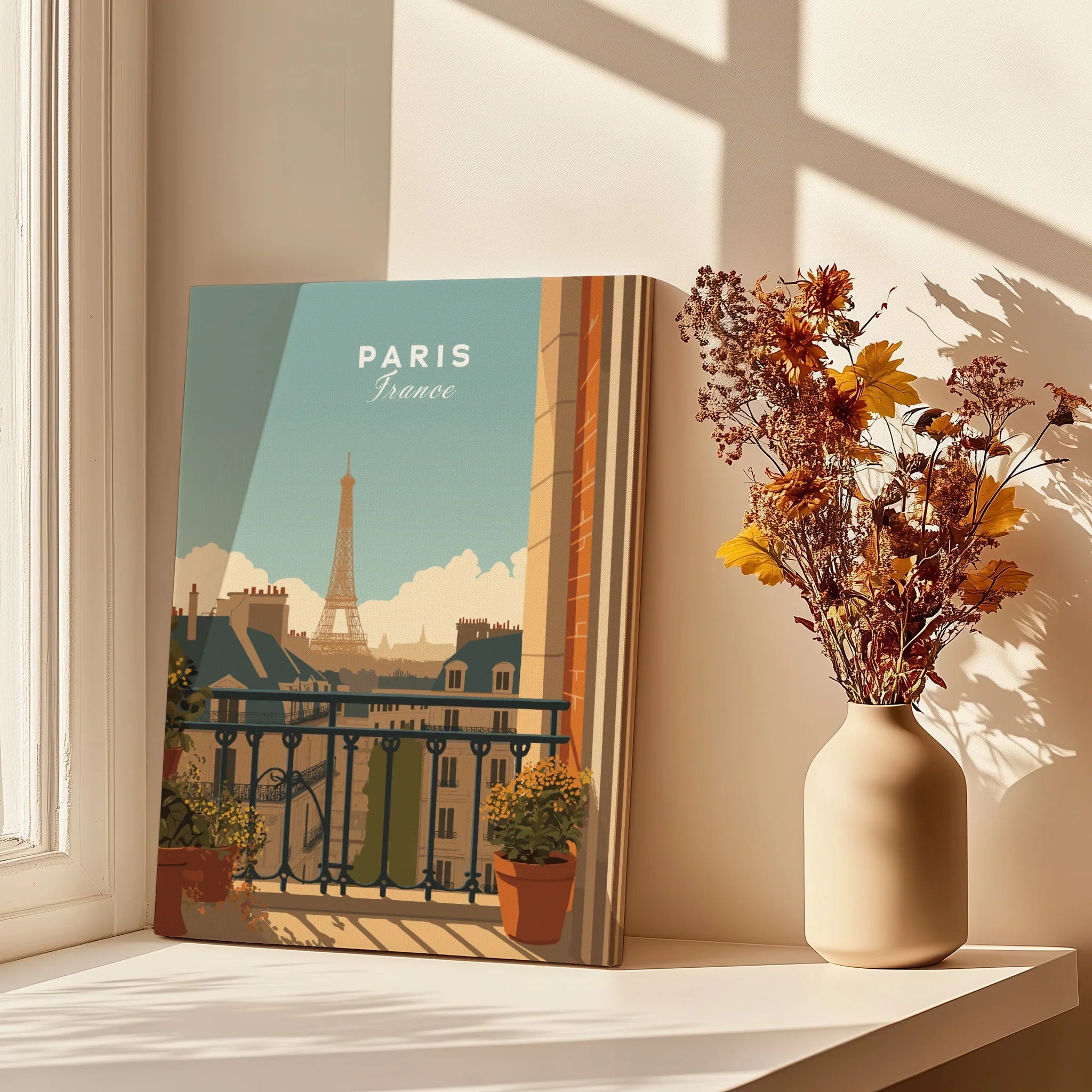 Paris travel poster canvas print by a sunny window with vase of dried flowers