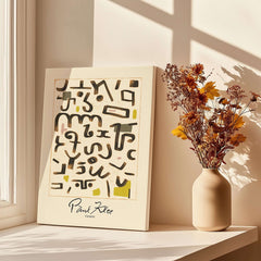 Paul Klee Gesetz Abstract Symbols Modern Art Print Wall Poster Decor displayed on a windowsill with flowers.