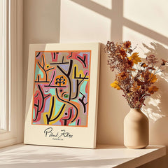 Paul Klee Park Bei Lu Colorful Abstract Landscape Poster Art Print displayed on a windowsill with decorative vase.