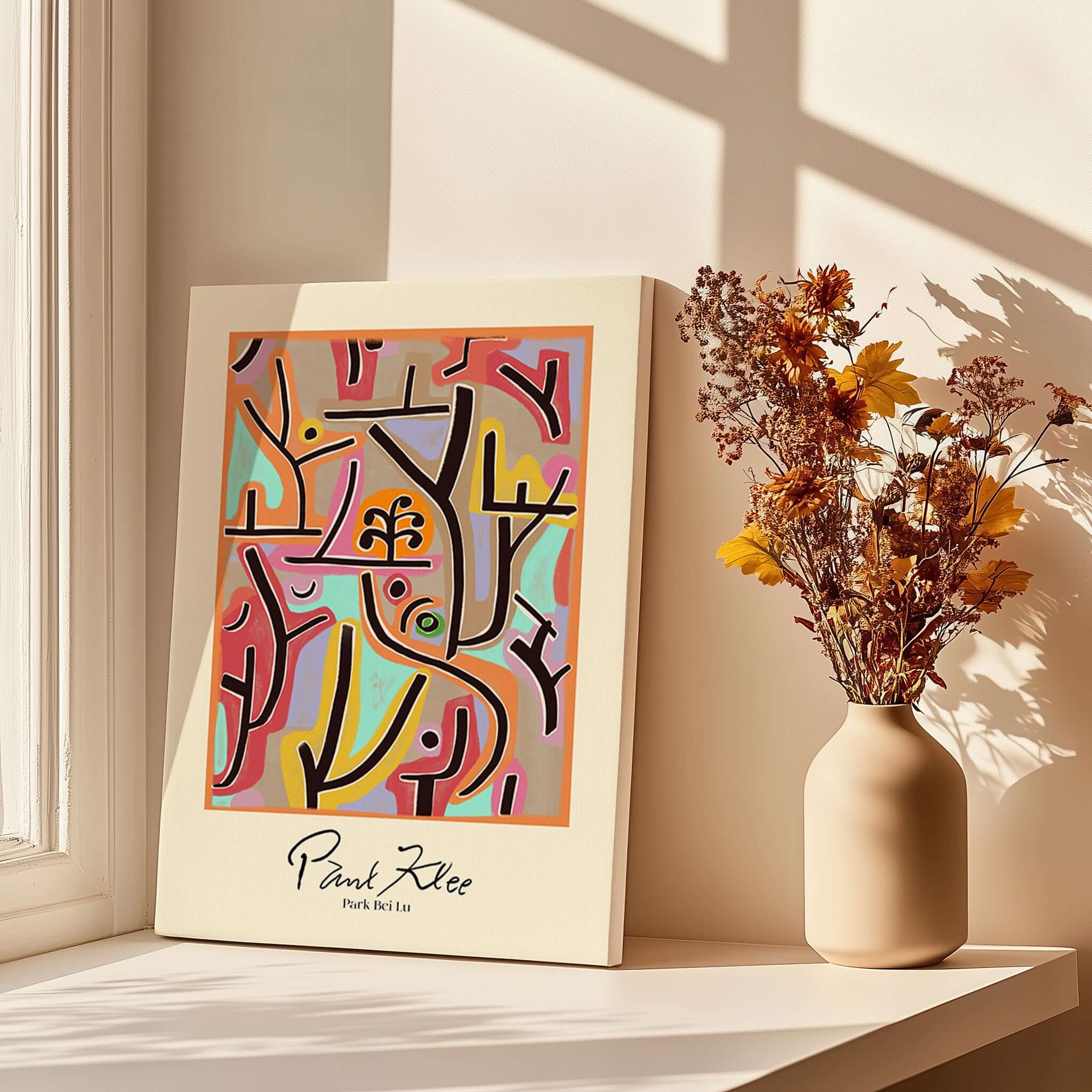 Paul Klee Park Bei Lu Colorful Abstract Landscape Poster Art Print displayed on a windowsill with decorative vase.