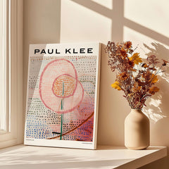 Paul Klee Blossoming Abstract Floral Modern Poster Art Print Decor displayed with flowers in a vase near a window.