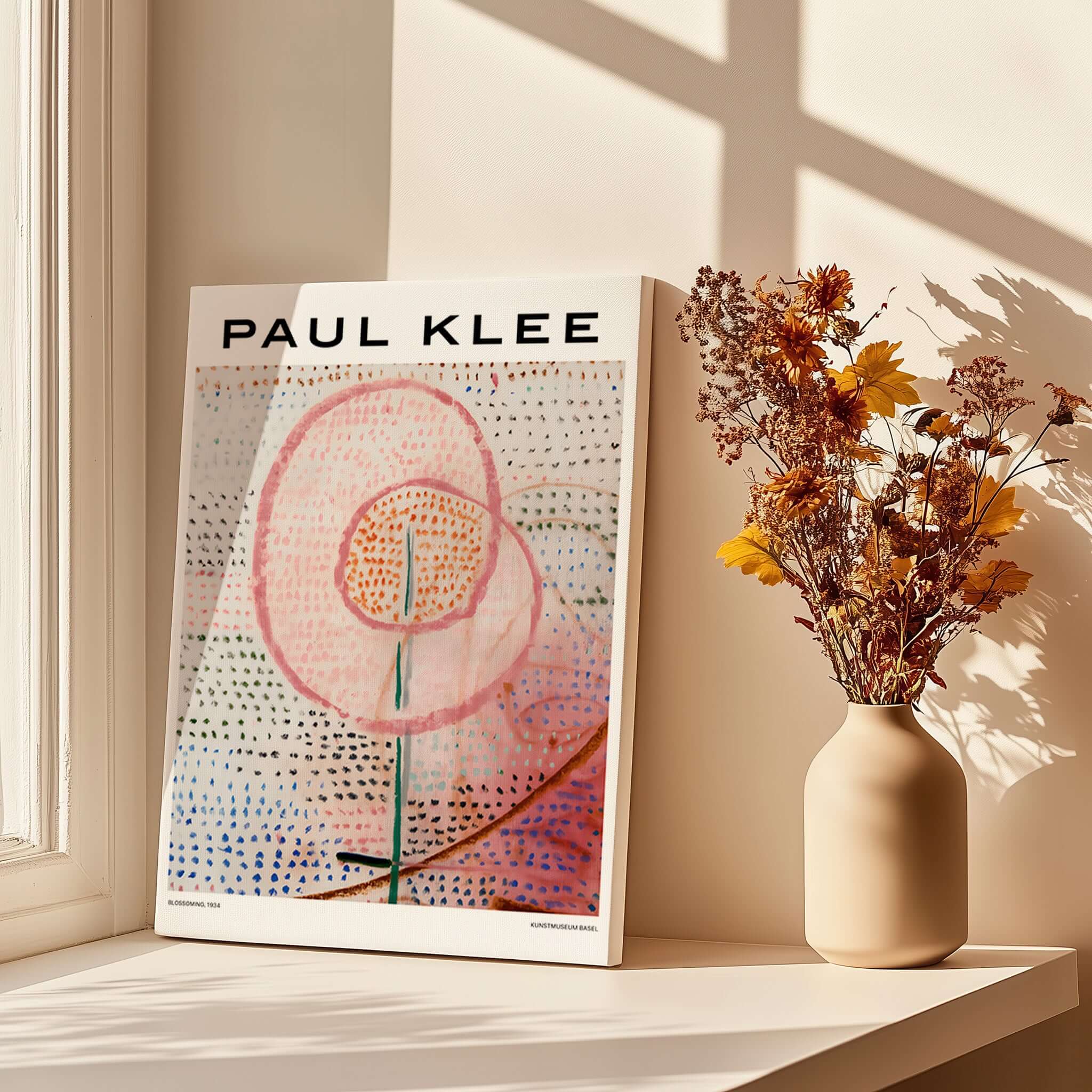 Paul Klee Blossoming Abstract Floral Modern Poster Art Print Decor displayed with flowers in a vase near a window.