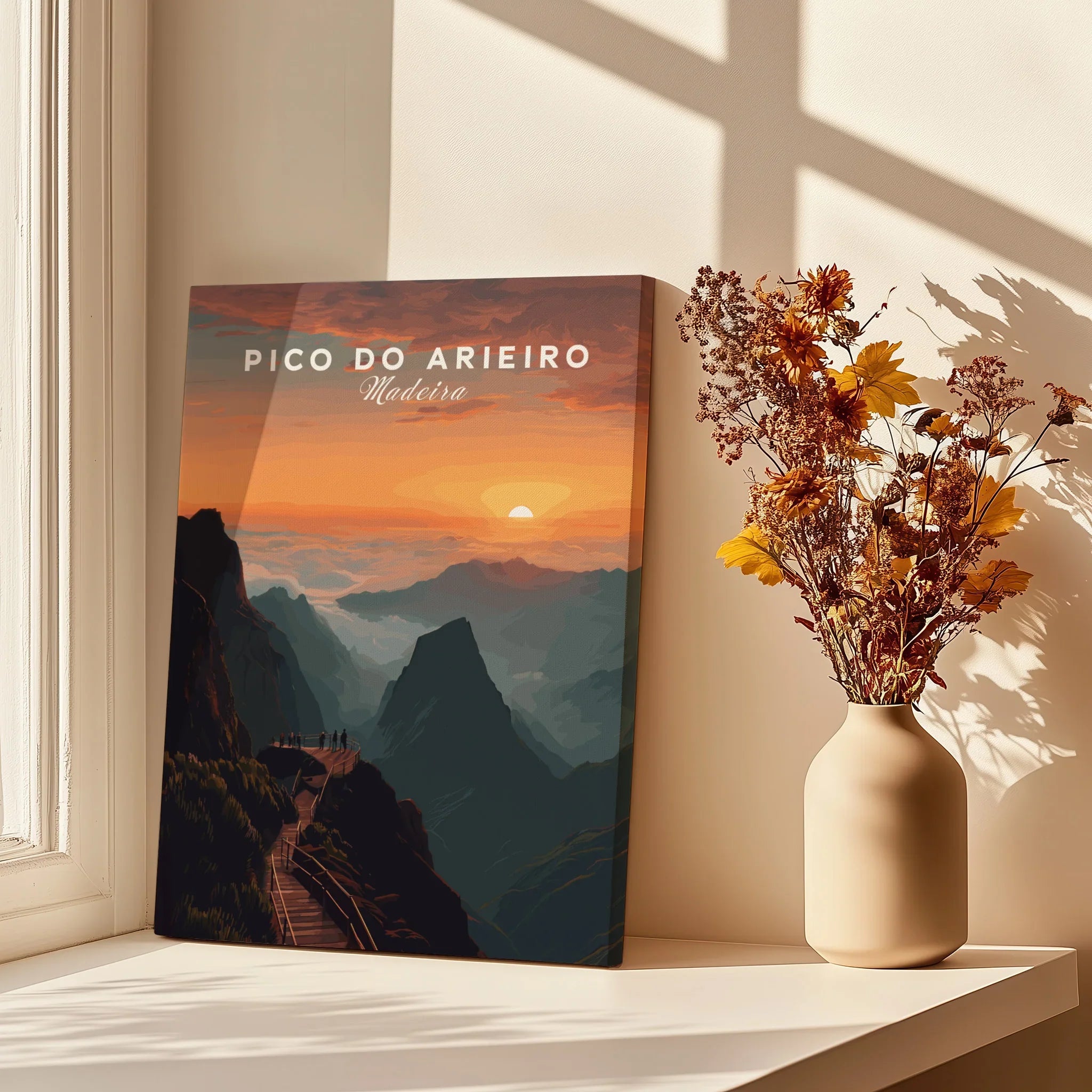 Pico do Arieiro Madeira sunset canvas print on windowsill with dried flowers in vase