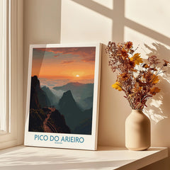 Pico do Arieiro travel poster print by window, vase with dried flowers, warm sunlight