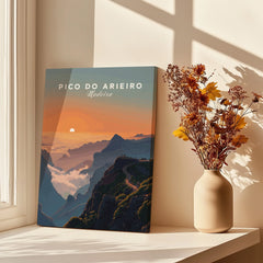 Pico do Arieiro travel poster canvas print by window with vase of dried flowers and soft shadows