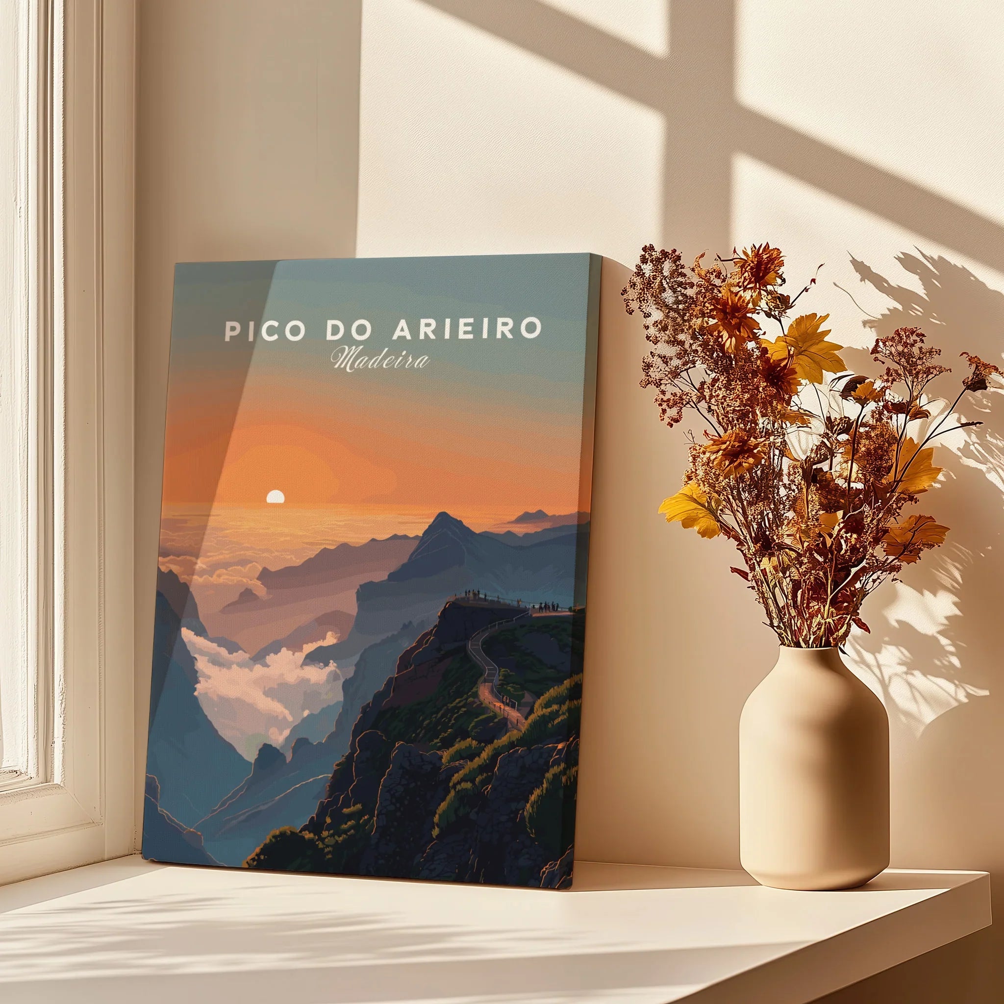 Pico do Arieiro travel poster canvas print by window with vase of dried flowers and soft shadows