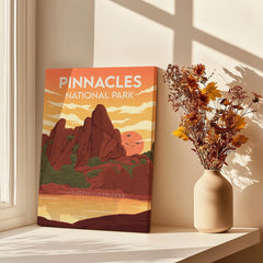 Pinnacles National Park travel poster canvas on windowsill with vase of dried flowers